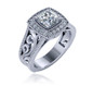 Romani 1 carat cushion cut milgrain lab created cubic zirconia halo engraved cathedral engagement ring in 14k white gold.