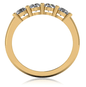 Four stone 4mm round laboratory grown diamond look cubic zirconia shared prong anniversary band in 18k yellow gold.