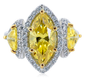 Lunel 3 carat canary yellow marquise and trillion pave halo lab created cubic zirconia three stone ring in 14k gold.
