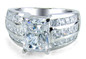 Emerald cut lab grown diamond simulant cubic zirconia 4 carat three row princess cut channel set ring in 14k white gold.