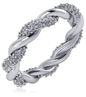 Twisted woven pave set round eternity wedding band with lab grown diamond alternative cubic zirconia in 14k white gold.
