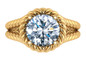 Twisted rope style 3.5 carat round halo lab grown diamond simulant cubic zirconia engagement ring in 14k yellow gold.