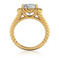 Twisted rope style 3.5 carat round halo lab grown diamond look cubic zirconia engagement ring in 18k yellow gold.