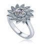 Flower pave set lab grown diamond alternative cubic zirconia round halo ring in 14k white gold.