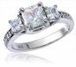 Three Stone 1 Carat Princess Cut Trellis Pave Ring with lab created simulated diamond quality cubic zirconia in platinum.