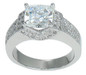 Cushion Cut Pave Round Engagement Ring with lab grown diamond alternative cubic zirconia in platinum.