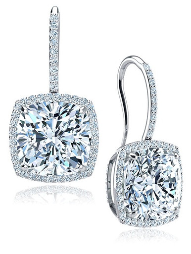Dosier Carat Cushion Cut Cubic Zirconia Pave Halo Drop Earrings