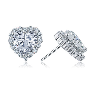 Cubic Zirconia Puffed Heart Stud Earrings In Sterling Silver, Cubic