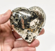 3.11" Polished PYRITE CRYSTAL HEART Carving Huanzala mine, Peru T717