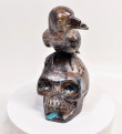 7.44" Polished CHRYSOCOLLA MALACHITE QUARTZ Skull and Raven Carving Peru T728