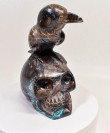 7.44" Polished CHRYSOCOLLA MALACHITE QUARTZ Skull and Raven Carving Peru T728