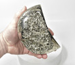 5.35" Beautiful GOLDEN PYRITE Half MOON Carving Huanzala Mine, Peru P962