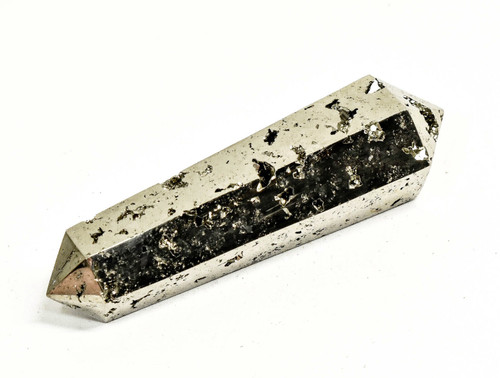 3.89" Polished PYRITE Double Terminated VOGEL 6 sided Huanzala mine, Peru T516