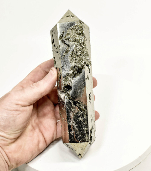 7.44" Polished PYRITE Double Terminated VOGEL 6 sided Huanzala mine, Peru T512