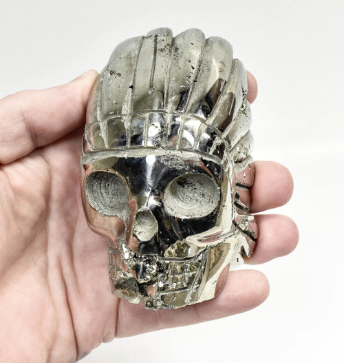 3.62" Polished PYRITE INDIAN SKULL Carving Huanzala mine, Peru T506