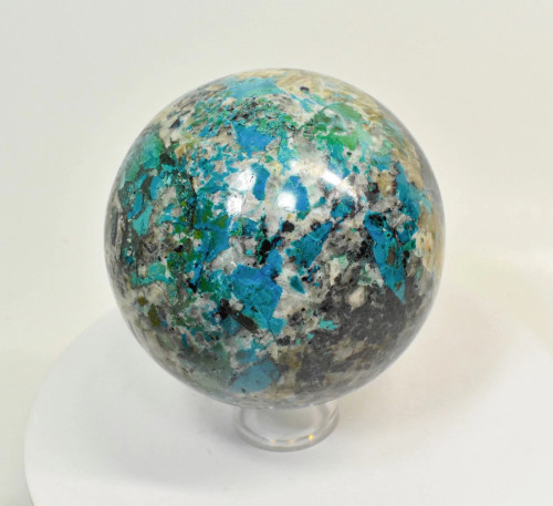 4.44" Polished QUARTZ CHRYSOCOLLA MALACHITE Sphere With Stand Peru T555