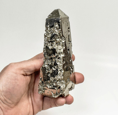 5.19" Polished PYRITE CRYSTAL OBELISK Tower Huanzala mine, Peru T659