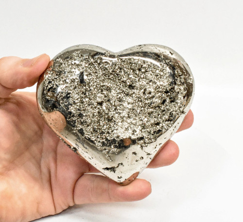 3.77" Polished PYRITE CRYSTAL HEART Carving Huanzala mine, Peru T697