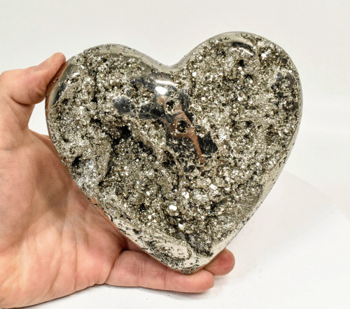 5.23" Polished PYRITE CRYSTAL HEART Carving Huanzala mine, Peru T701