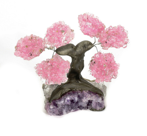 Beautiful Rose Quartz Gemstone Bonsai Tree On AMETHYST 6 Petals Brazil T27