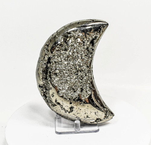 5.90" Polished PYRITE CRYSTAL Half MOON Carving Huanzala mine, Peru T781