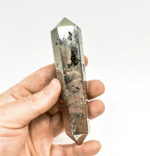 4.88" Polished PYRITE Double Terminated VOGEL 6 sided Huanzala mine, Peru T792