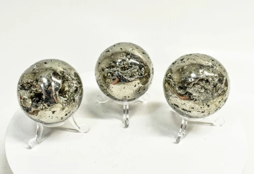 3 Pcs Polished PYRITE CRYSTAL SPHERE With Stand Bulk set Huanzala Mine Peru T851