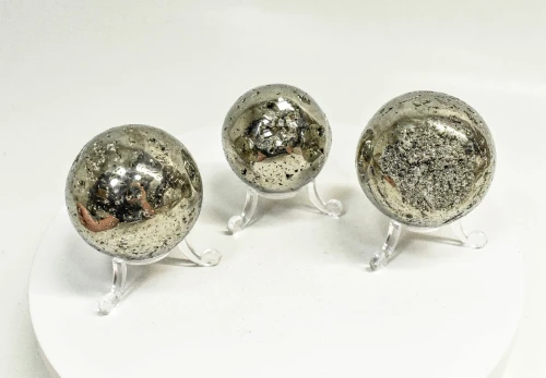 3 Pcs Polished PYRITE CRYSTAL SPHERE With Stand Bulk set Huanzala Mine Peru T852