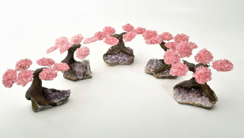 5 PIECE Set of ROSE Quartz Gemstone Bonsai Tree On AMETHYST 6 Petals Brazil T43