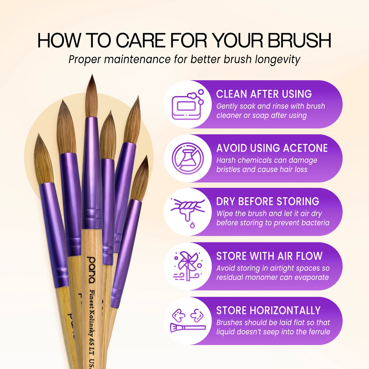 Round Beige Wood Kolinsky Brush Handle with Purple Ferrule