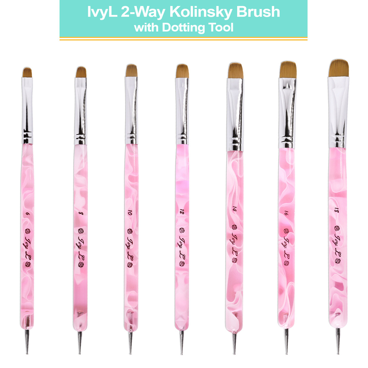 IvyL 2-Way Kolinsky Brush & Dotting Tool with Pink Marble Clear