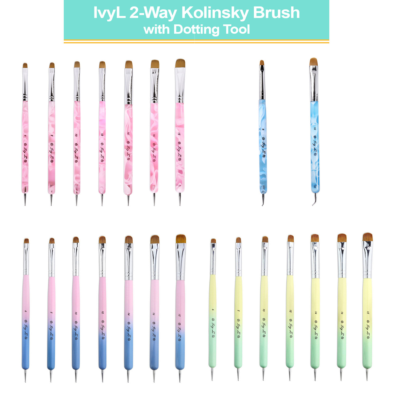 IvyL 2-Way Kolinsky Brush & Dotting Tool with Pink Marble Clear Acrylic Handle