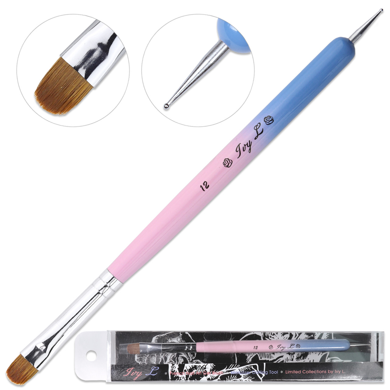 IvyL 2-Way Kolinsky Brush & Dotting Tool with Pink and Blue Ombre Wooden Handle