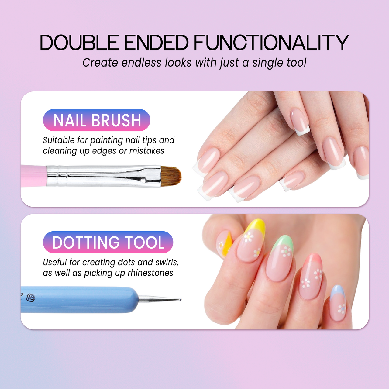IvyL 2-Way Kolinsky Brush & Dotting Tool with Pink and Blue Ombre Wooden Handle
