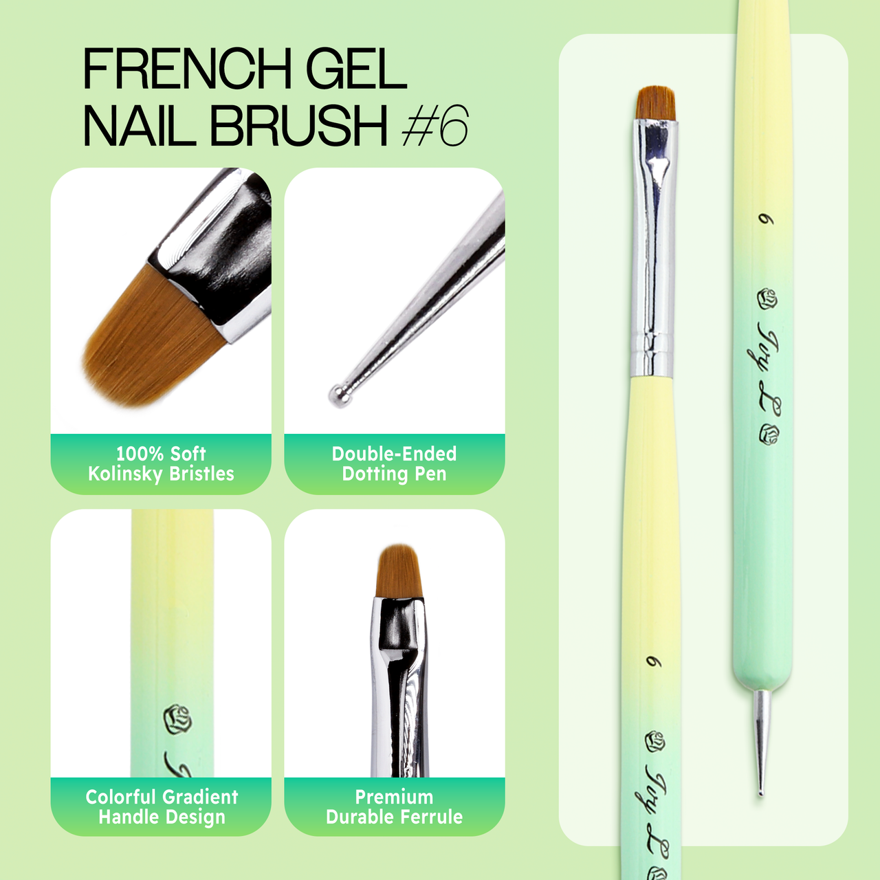 IvyL 2-Way Kolinsky Brush & Dotting Tool with Yellow and Green Ombre Wooden Handle IvyL 2-Way Kolinsky Brush & Dotting Tool with Yellow and Green Ombre Wooden Handle