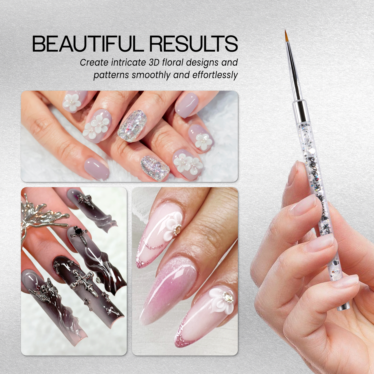 3D Sculpture Nail Art Brush with Glitter Silver Clear Acrylic Handle