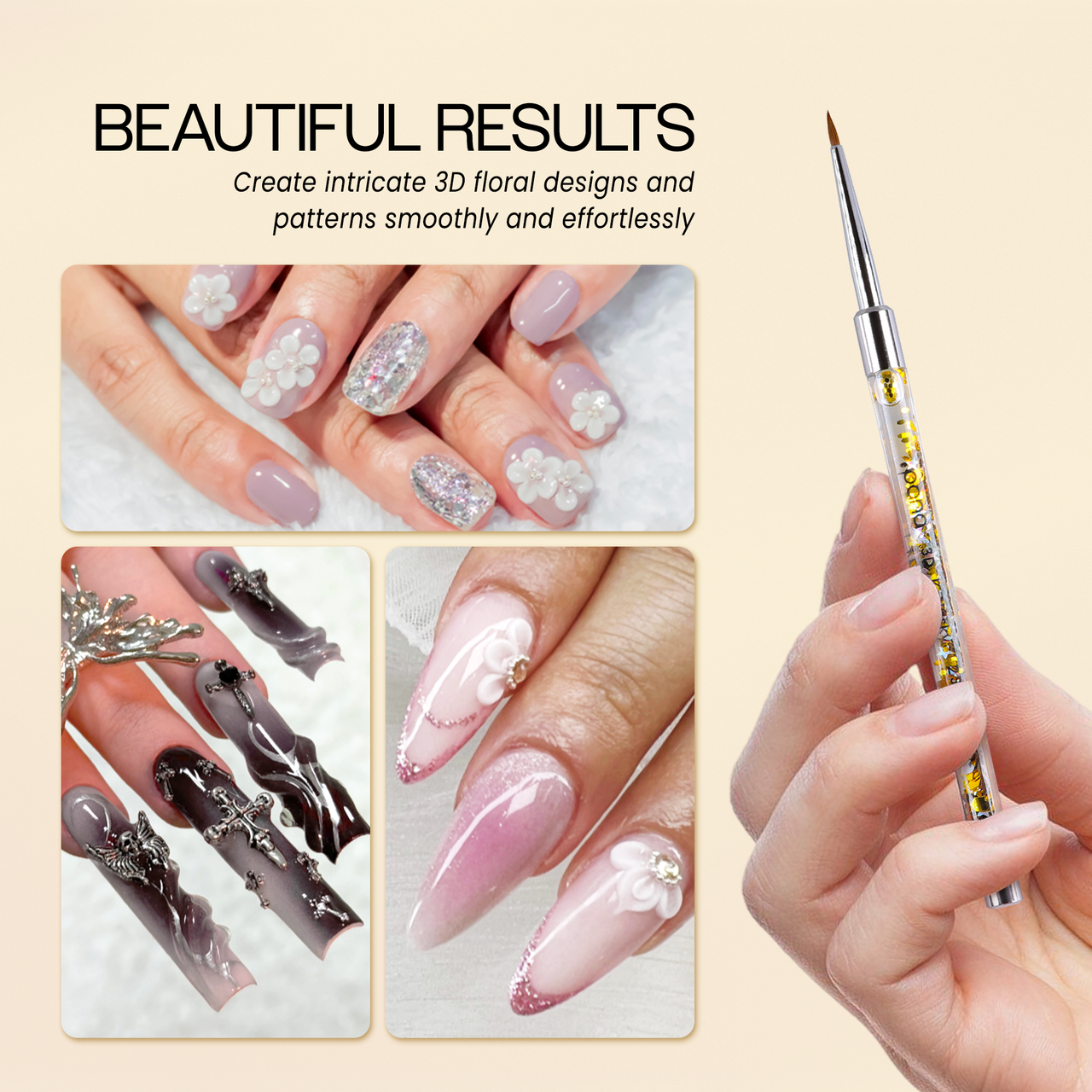 3D Sculpture Nail Art Brush with Glitter Gold Clear Acrylic Handle