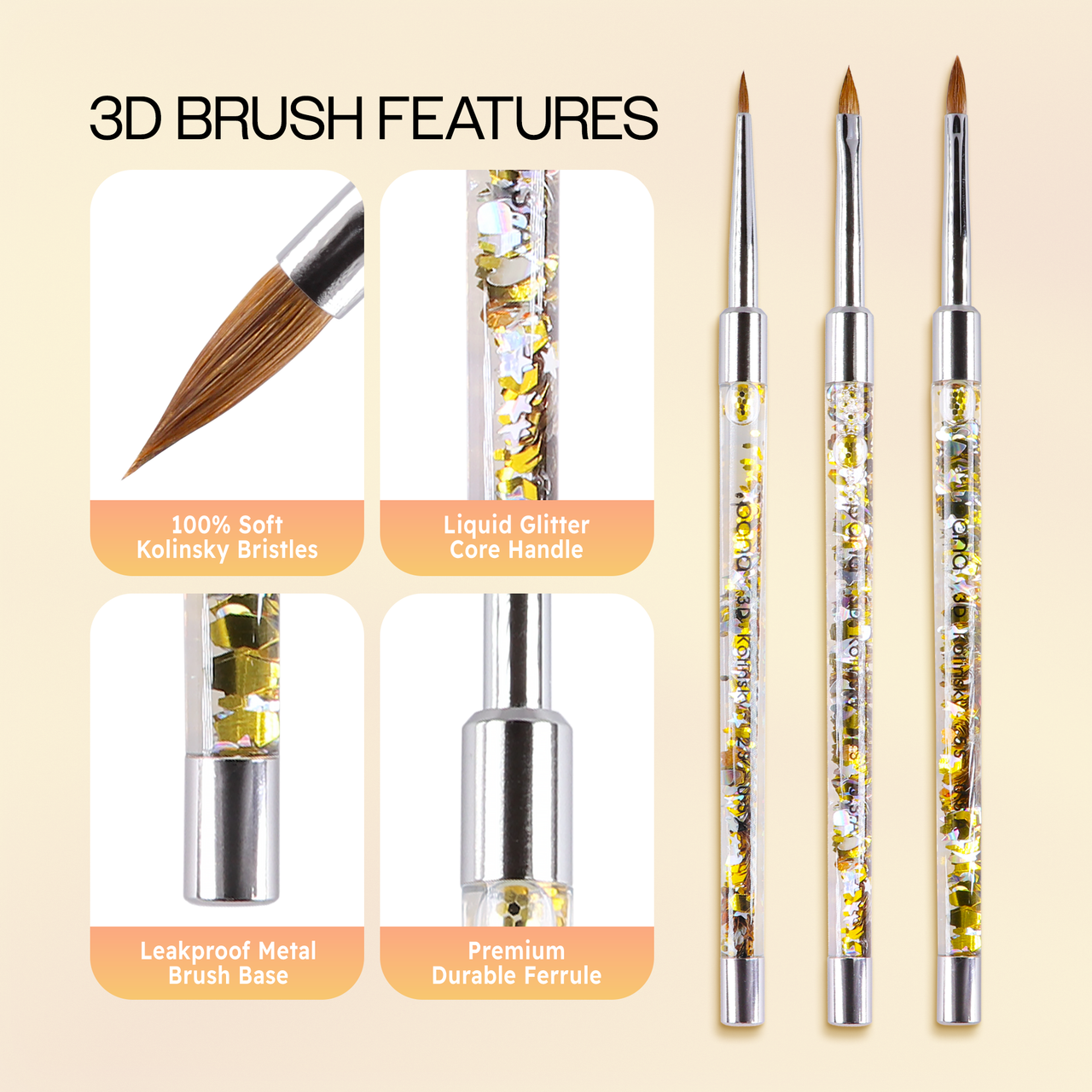 3D Sculpture Nail Art Brush with Glitter Gold Clear Acrylic Handle