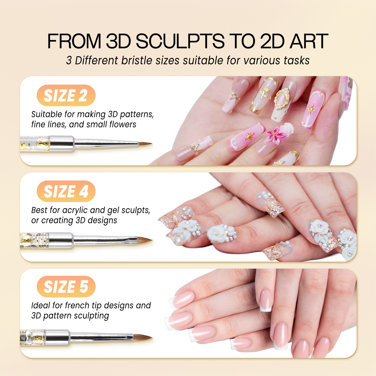 3D Sculpture Nail Art Brush with Glitter Gold Clear Acrylic Handle