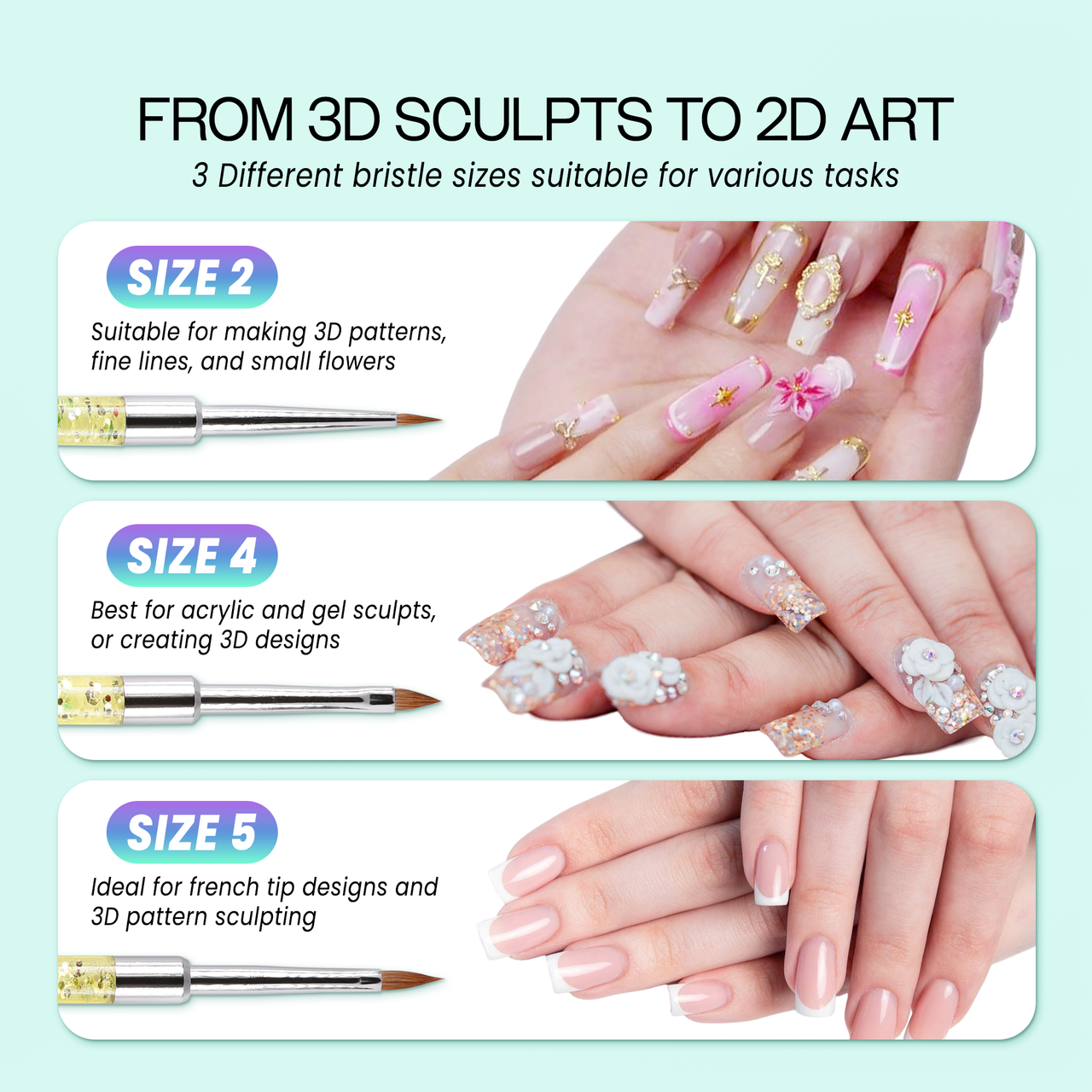 Nail Art Pinsel Set – 3 Stück, Weißes Haar, Schwarzer Griff Mit Strass, Für UV Gel & Acryl