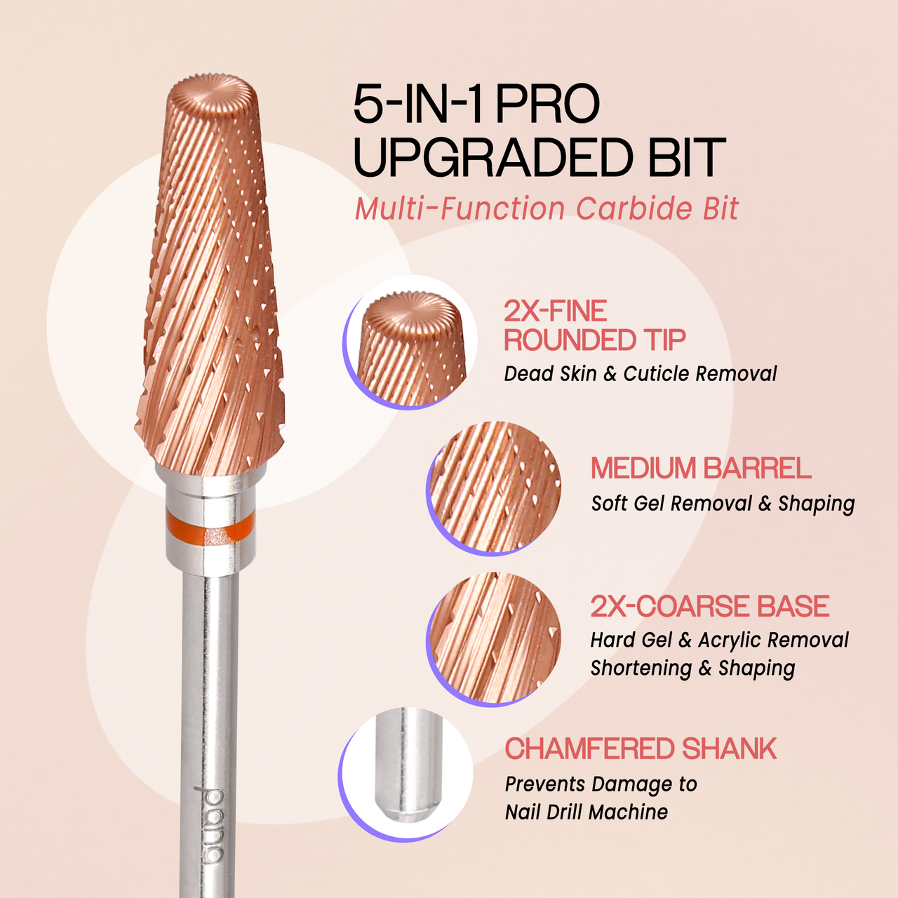 PANA 5-in-1 Pro Upgraded Multi-Function Drill Bit 3/32" Shank Size - (Silver, Blue, Purple, Rose Gold, Black, Rainbow 2X Coarse to 2X Fine) 