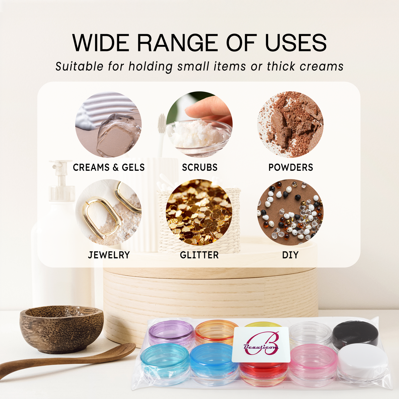 3G/3ML (0.1 oz) Plastic Cosmetic Sample Jars with Multi-Color Lids