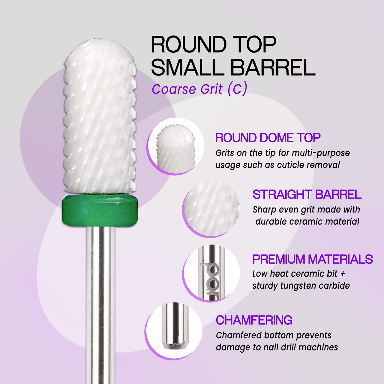 PANA Round Top Small Barrel White Ceramic Nail Drill Bit - Coarse Grit