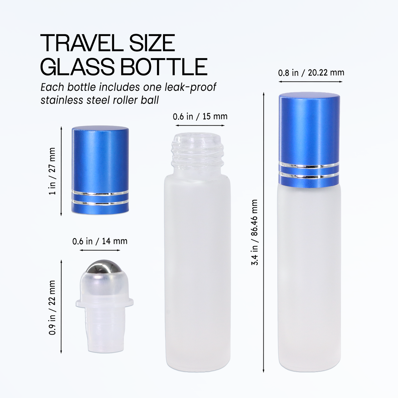 10ML(1/3oz) Glass Roller Bottles with Stainless Steel Ball and Blue Metal Cap