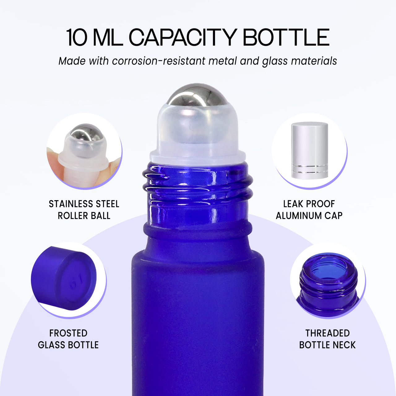 10ML(1/3oz) Frosted Blue Glass Roller Bottles with Stainless Steel Ball and Silver Metal Cap