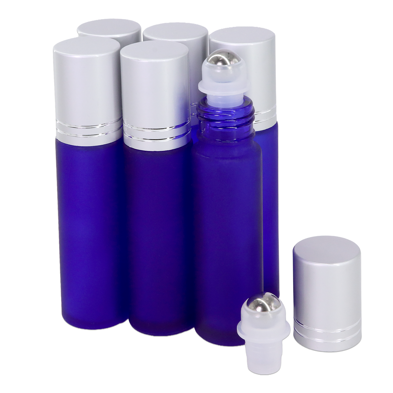 10ML(1/3oz) Frosted Blue Glass Roller Bottles with Stainless Steel Ball and Silver Metal Cap