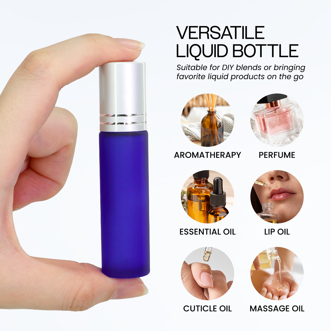 10ML(1/3oz) Frosted Blue Glass Roller Bottles with Stainless Steel Ball and Silver Metal Cap