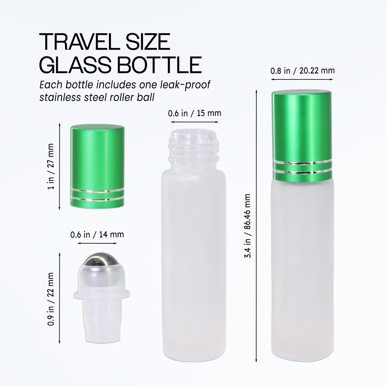 10ML(1/3oz) Glass Roller Bottles with Stainless Steel Ball and Green Metal Cap