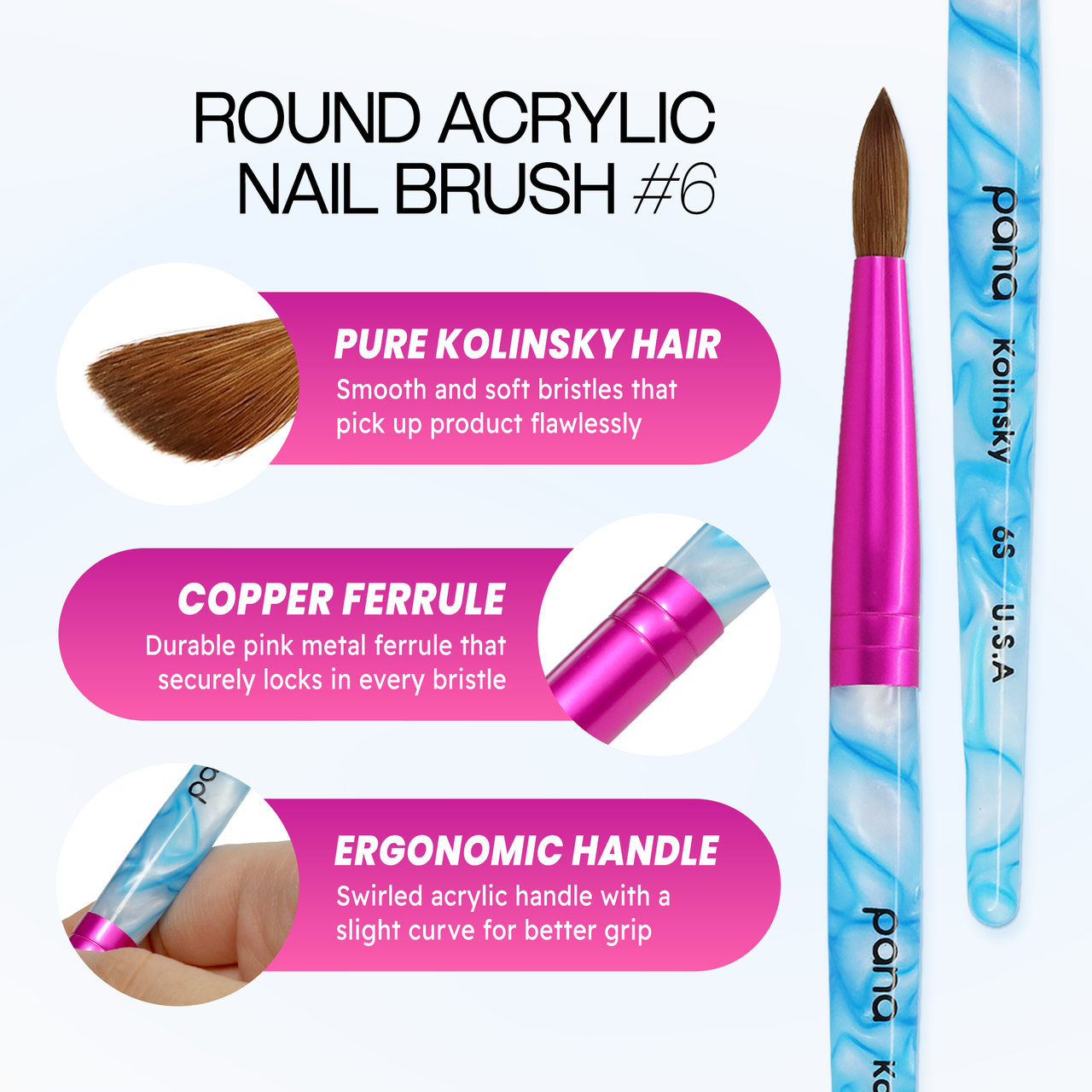 Round Blue & White Swirl Acrylic Kolinsky Brush Handle with Hot Pink Ferrule