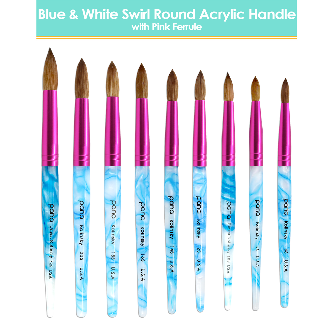 Round Blue & White Swirl Acrylic Kolinsky Brush Handle with Hot Pink Ferrule